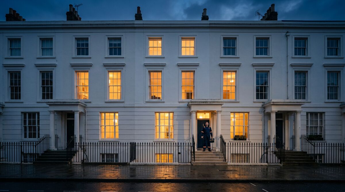 PROPSERVE365 maintenance technician outside a London townhouse at dusk